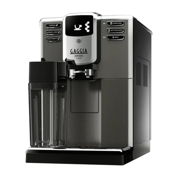 Gaggia Anima Class, dark grey with chrome trim, front three-quarter view with milk carafe