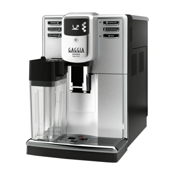 Gaggia Anima Prestige, stainless steel, front three-quarter view with milk carafe