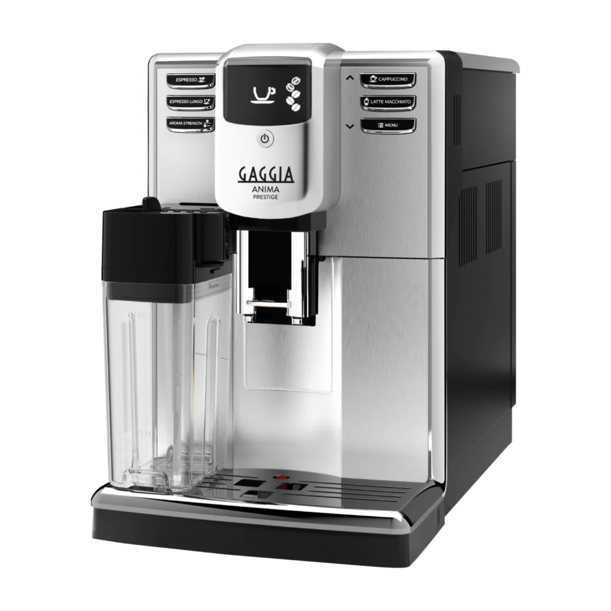 Gaggia Anima Prestige, stainless steel, front three-quarter view with milk carafe
