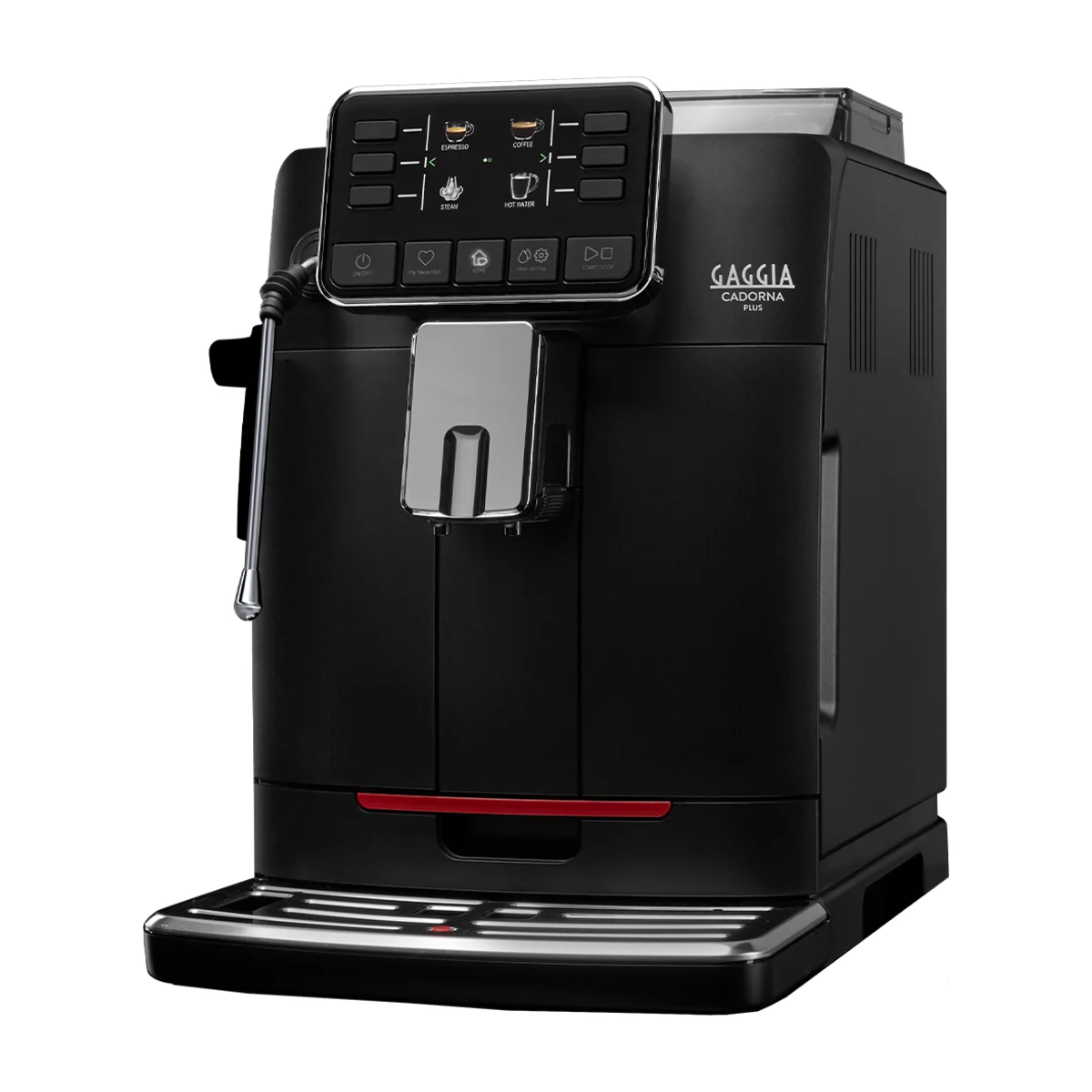 Gaggia Cadorna Barista Plus, black, front three-quarter view with steam wand