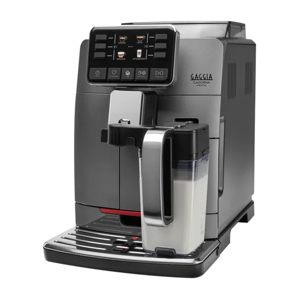 Gaggia Cadorna Prestige, anthracite, front three-quarter view with milk carafe