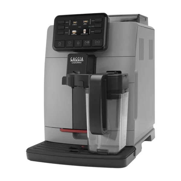 Gaggia Cadorna Prestige Over Ice, grey, front three-quarter view with milk carafe