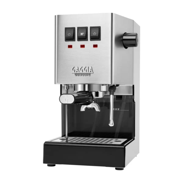 Gaggia Classic E24, brushed stainless steel, front three-quarter view