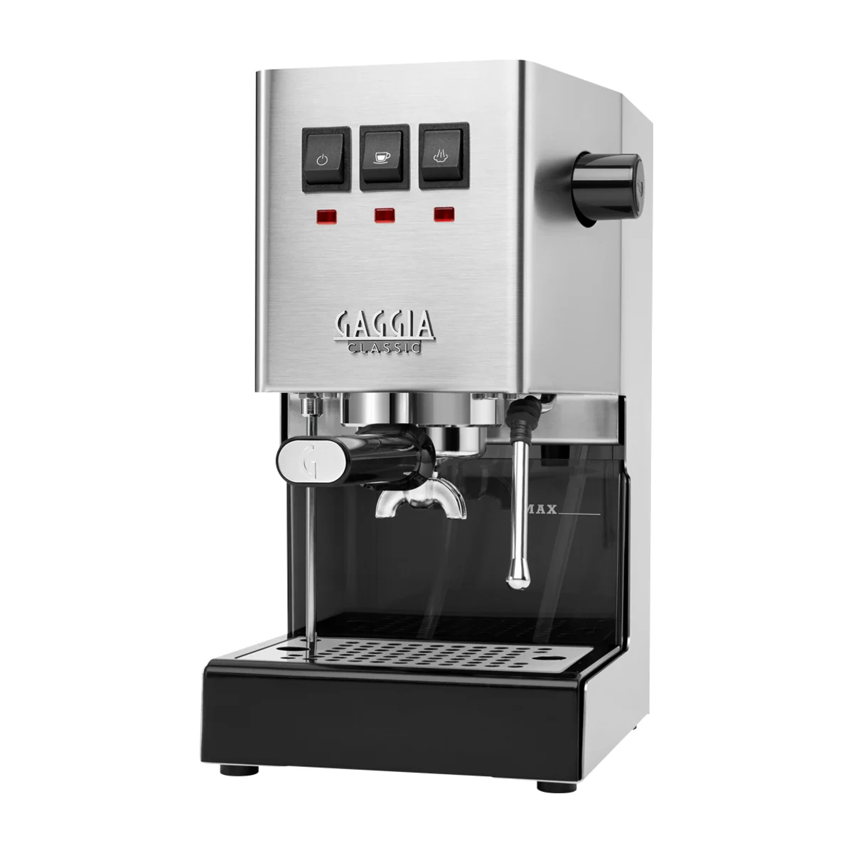 Gaggia Classic E24, brushed stainless steel, front three-quarter view