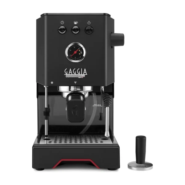 Gaggia Classic UP, black, front view with tamper