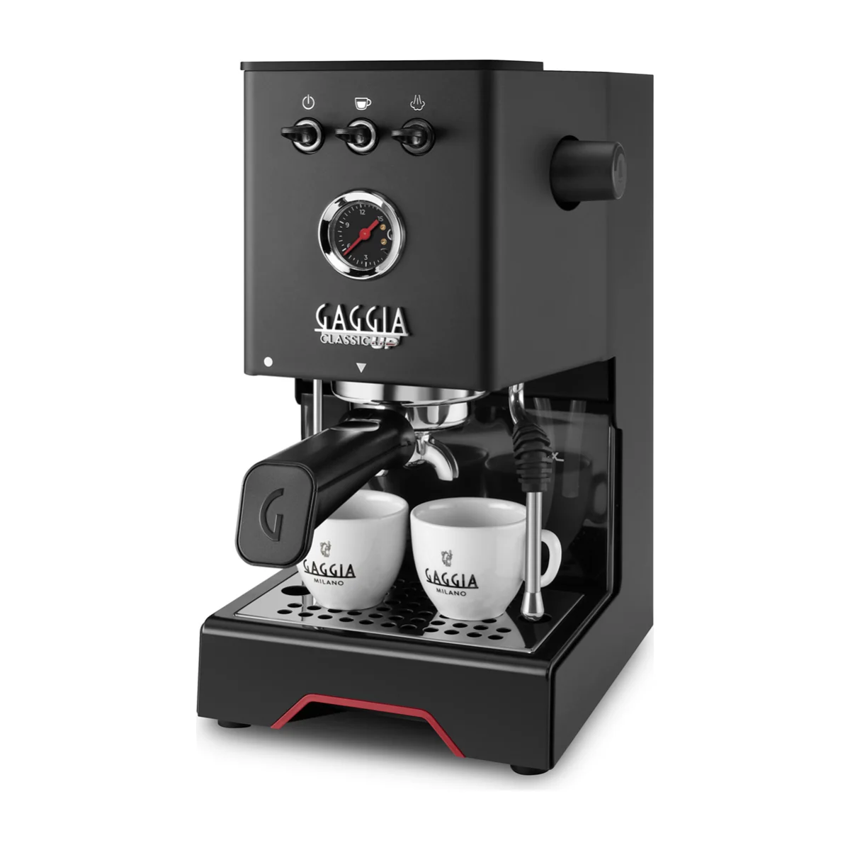 Gaggia Classic UP, black, three-quarter view brewing into two espresso cups