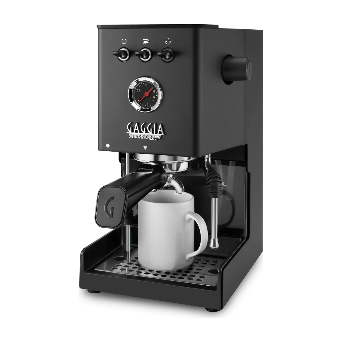 Gaggia Classic UP, black, three-quarter view with a mug on the lower drip tray