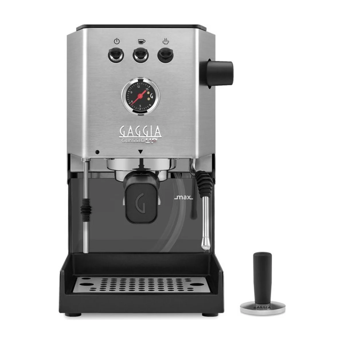 Gaggia Classic UP, stainless steel (Inox), front view with tamper