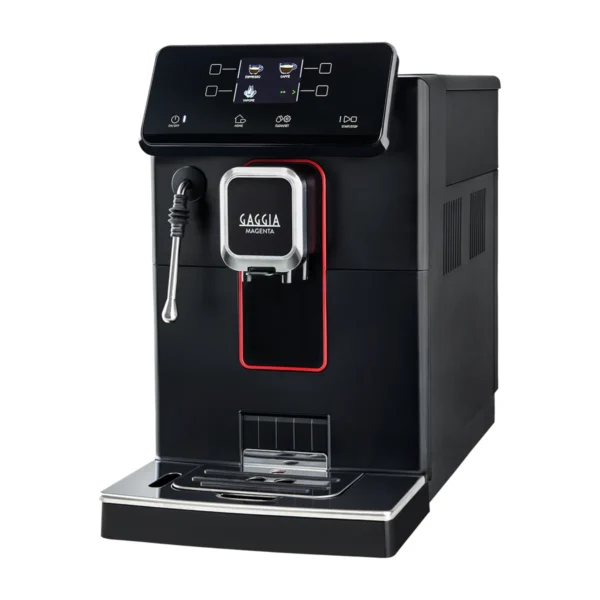Gaggia Magenta Plus, matte black, front three-quarter view showing the steam wand