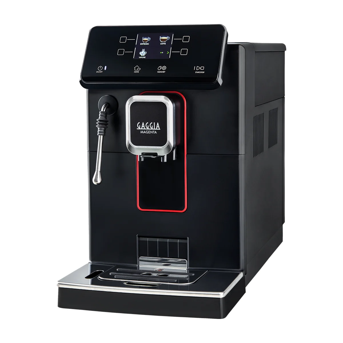 Gaggia Magenta Plus, matte black, front three-quarter view showing the steam wand