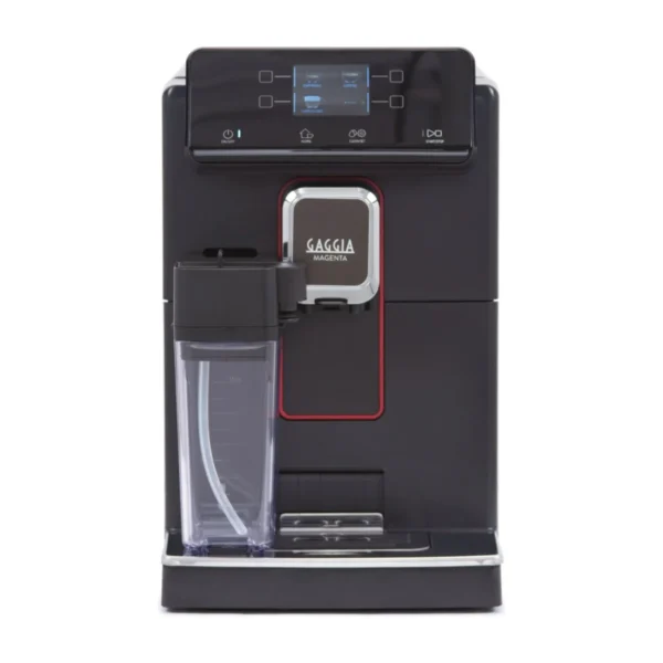 Gaggia Magenta Prestige, black, front view with milk carafe