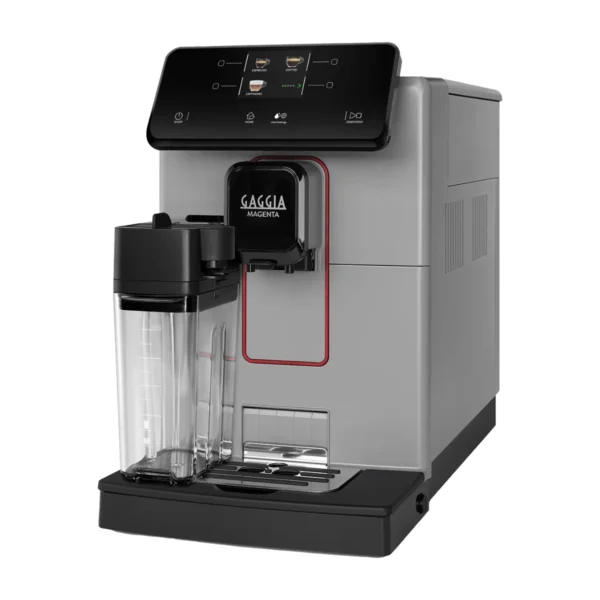 Gaggia Magenta Prestige Over Ice, Moonlight Grey, front three-quarter view with milk carafe