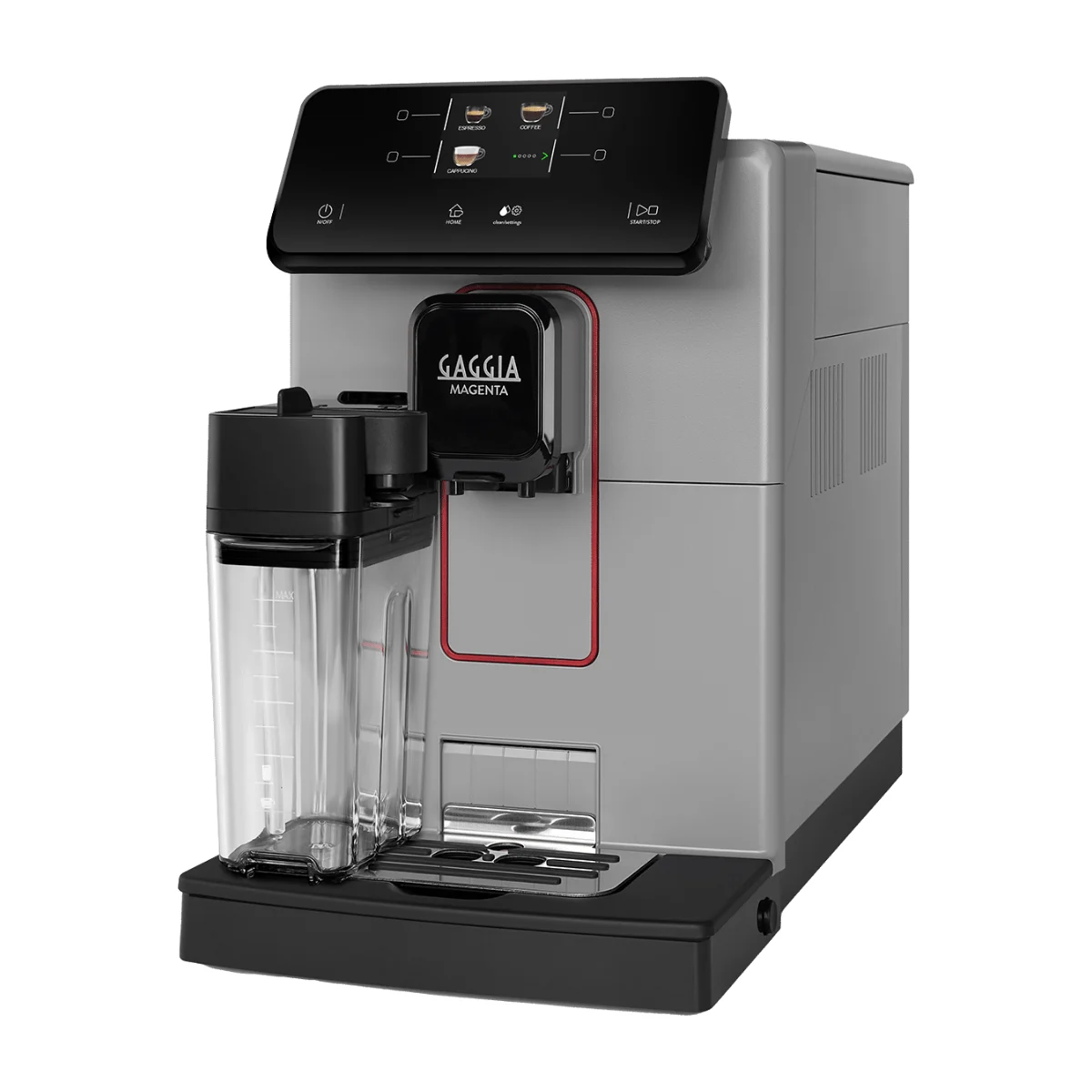 Gaggia Magenta Prestige Over Ice, Moonlight Grey, front three-quarter view with milk carafe