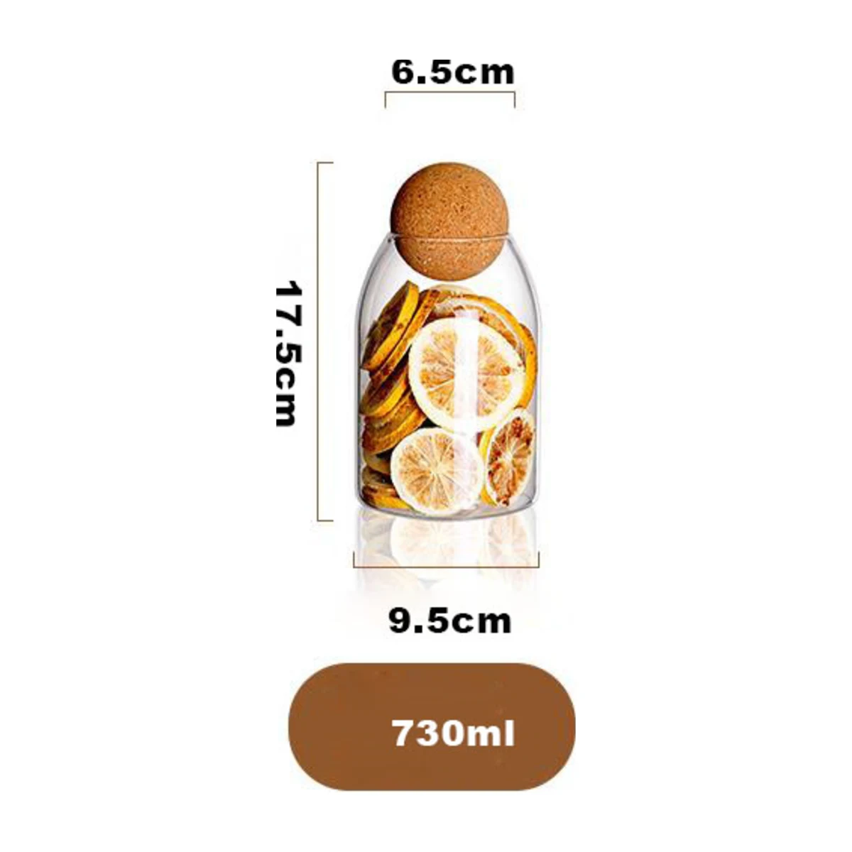 Glass Storage Jars with Cork Ball Lid, dimensions 730 ml