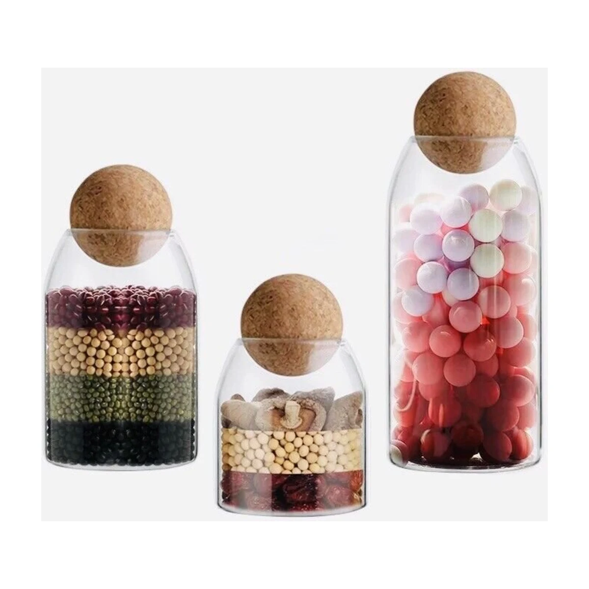 Glass Storage Jars with Cork Ball Lid, set of three, front view