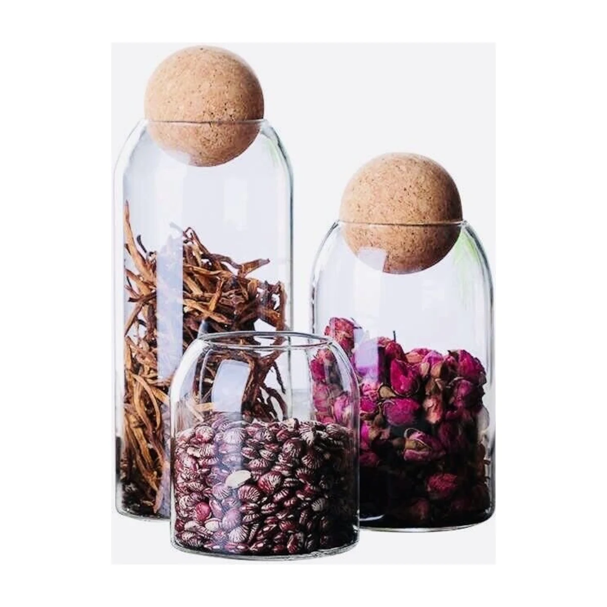 Glass Storage Jars with Cork Ball Lid, set of three with dried goods