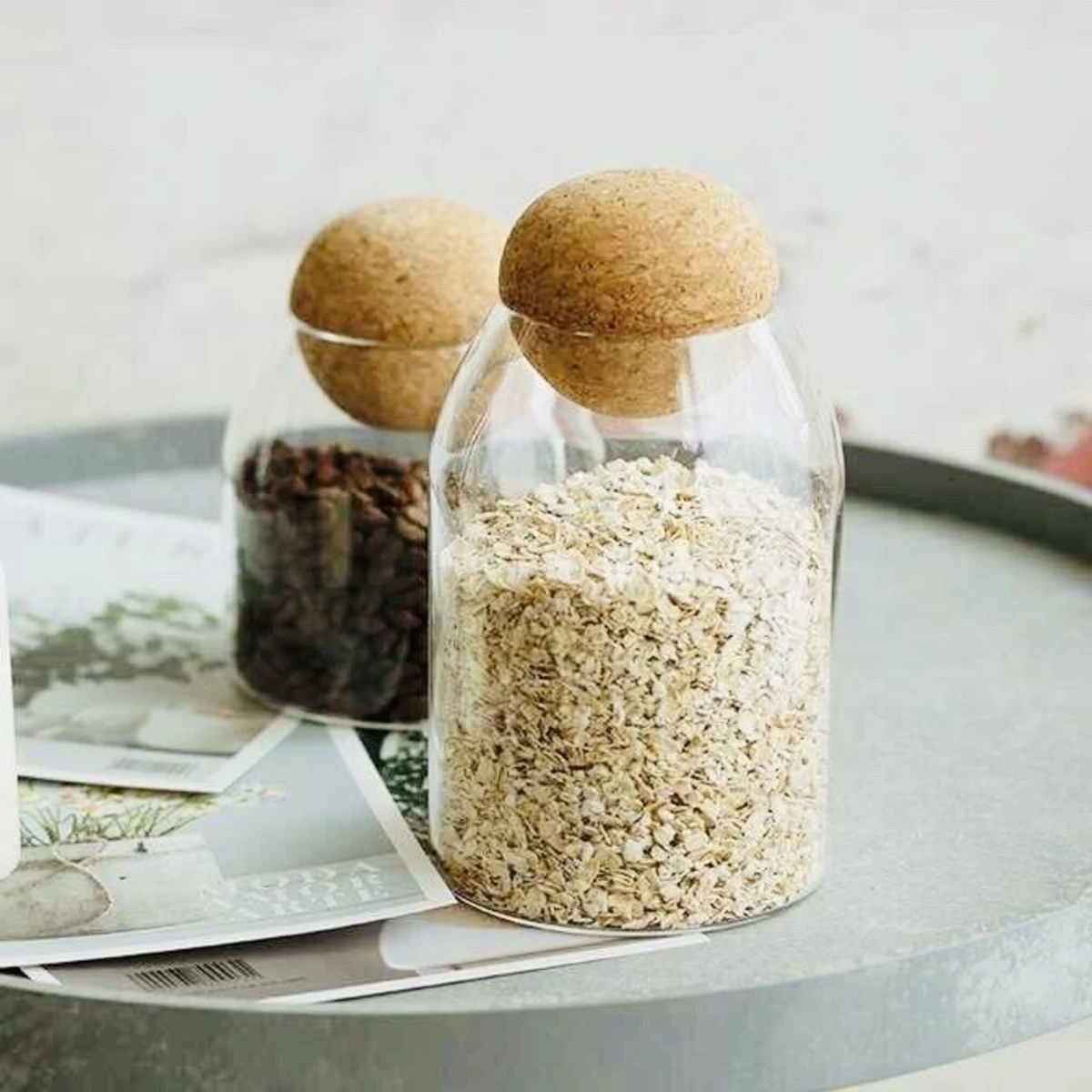 Glass Storage Jars with Cork Ball Lid, jars with oats and coffee beans