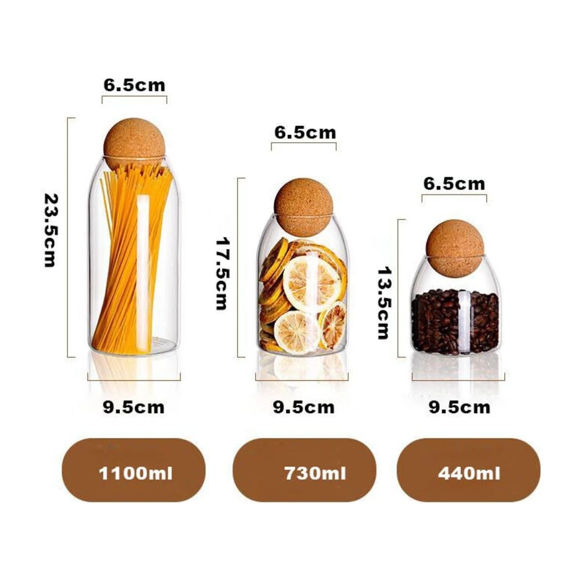 Glass Storage Jars with Cork Ball Lid, size chart