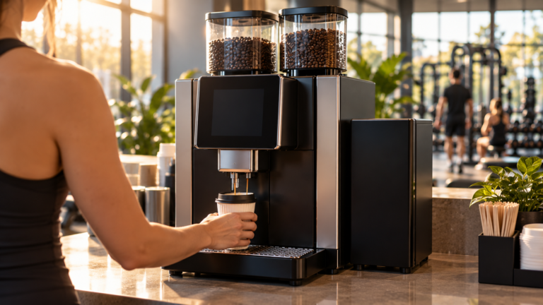 Gym member taking a coffee from a commercial superautomatic coffee machine at a Melbourne gym reception counter