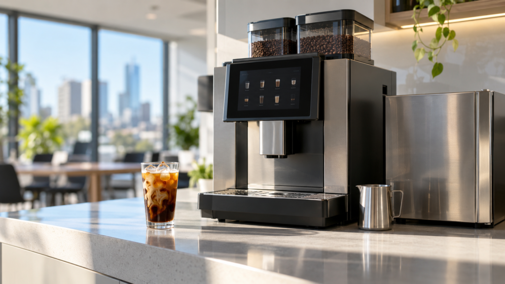 Tall glass of iced coffee beside a commercial superautomatic coffee machine in a Melbourne office kitchen