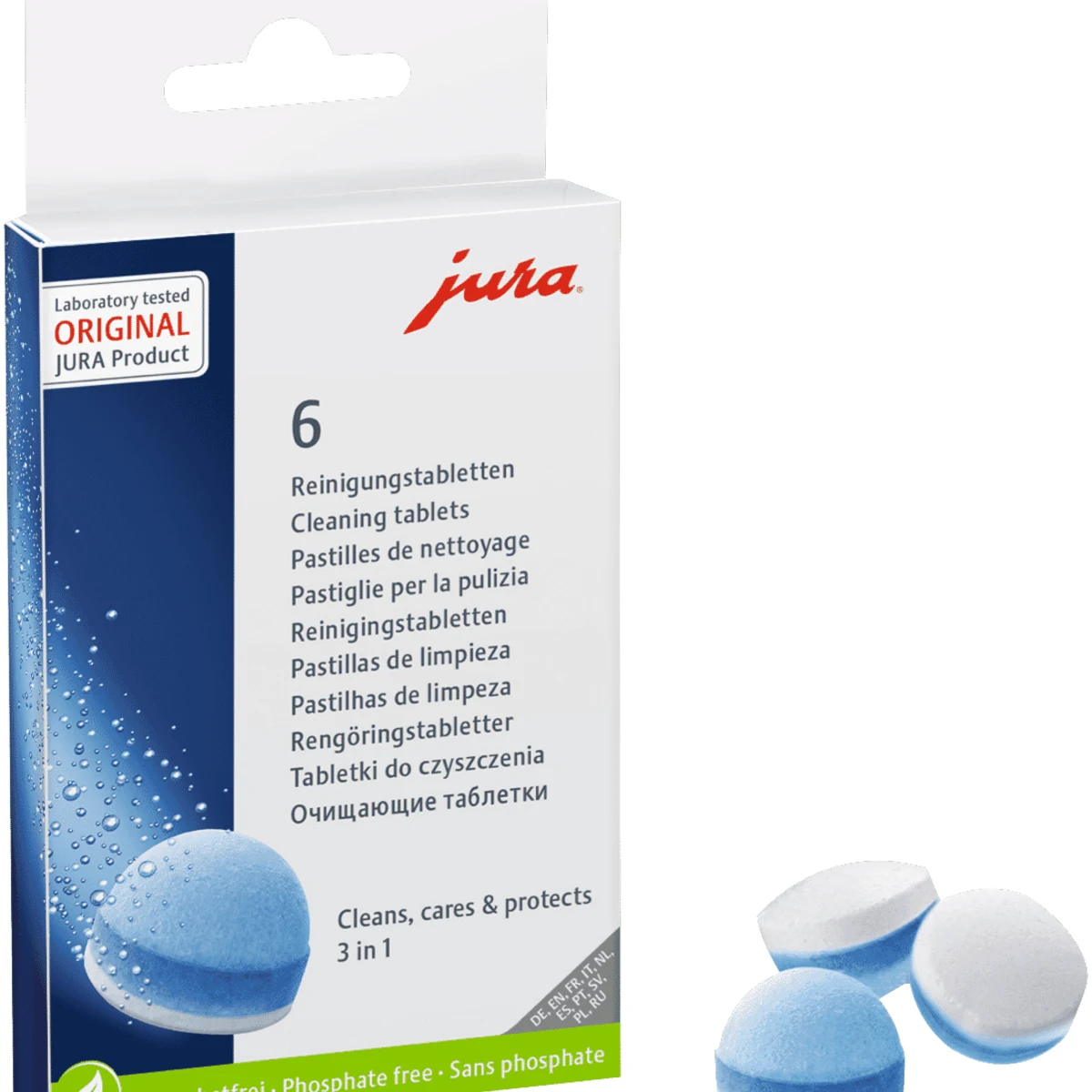 Jura 3-in-1 Cleaning Tablets, box with tablets
