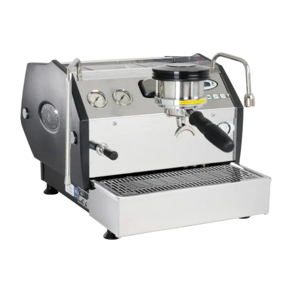 La Marzocco GS3 AV, stainless steel with black side panels, front three-quarter view