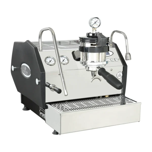 La Marzocco GS3 MP, stainless steel with black side panels, front three-quarter view