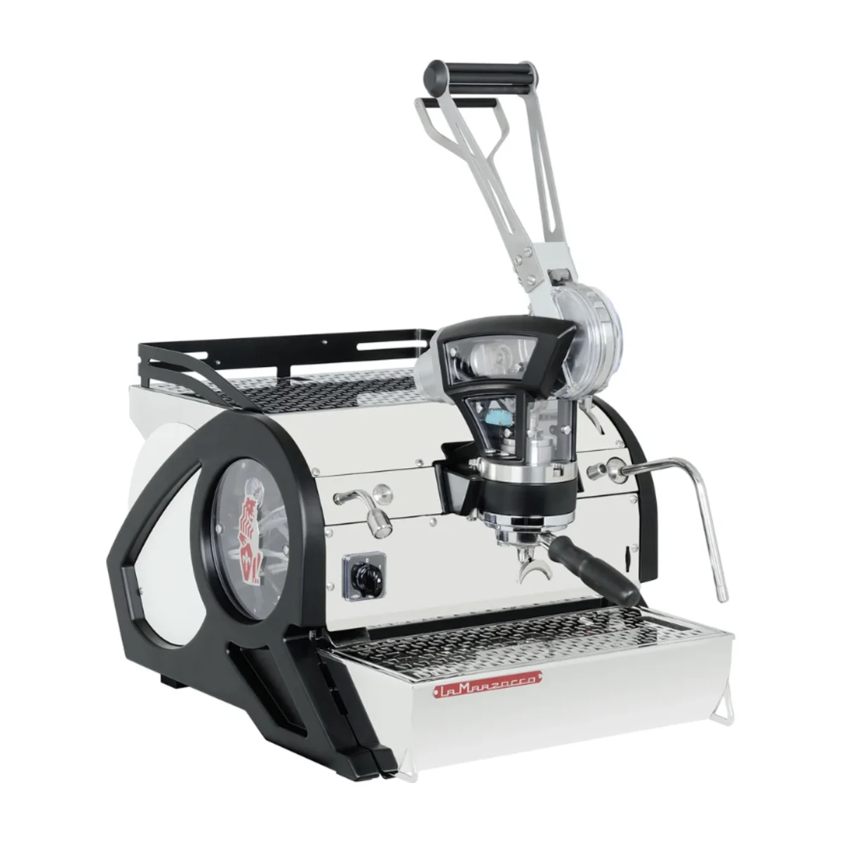 La Marzocco Leva X, 1 group, stainless steel with black frame, front three-quarter view
