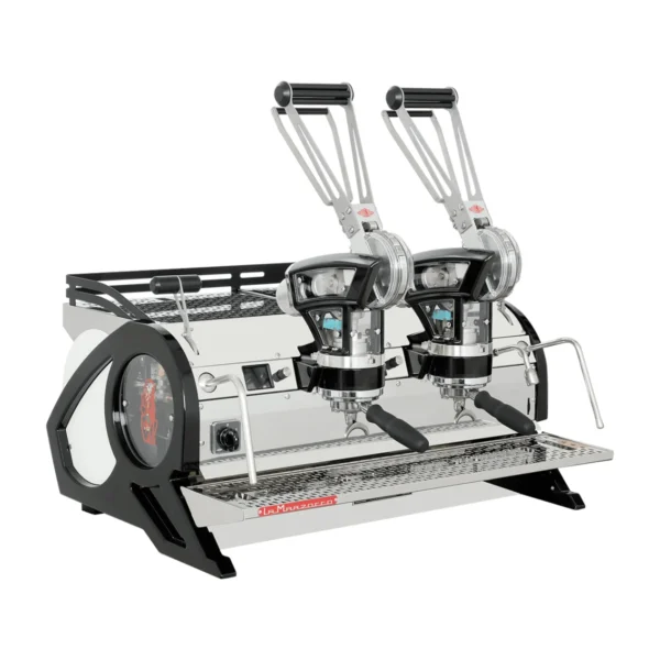 La Marzocco Leva X, 2 groups, stainless steel with black frame, front three-quarter view