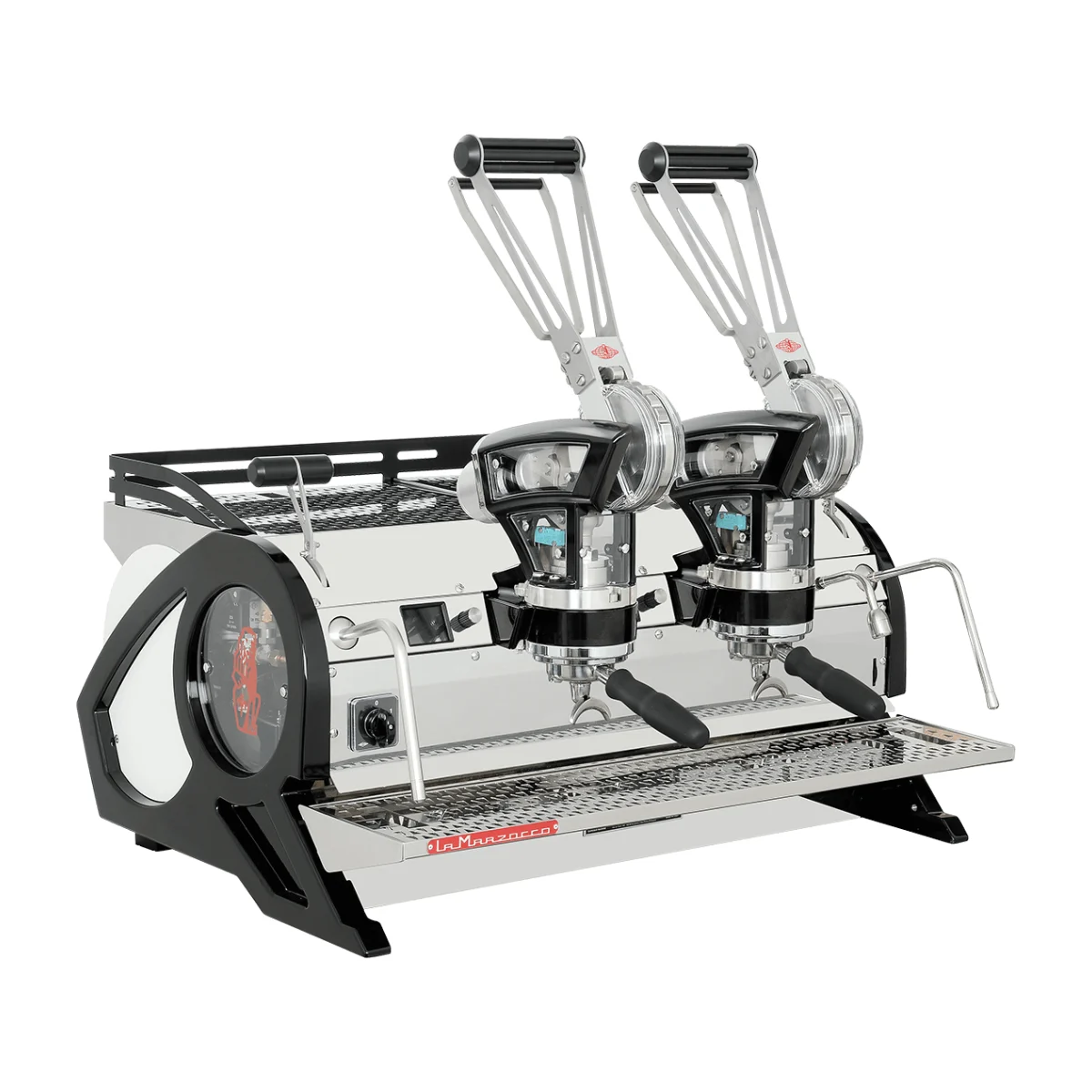 La Marzocco Leva X, 2 groups, stainless steel with black frame, front three-quarter view