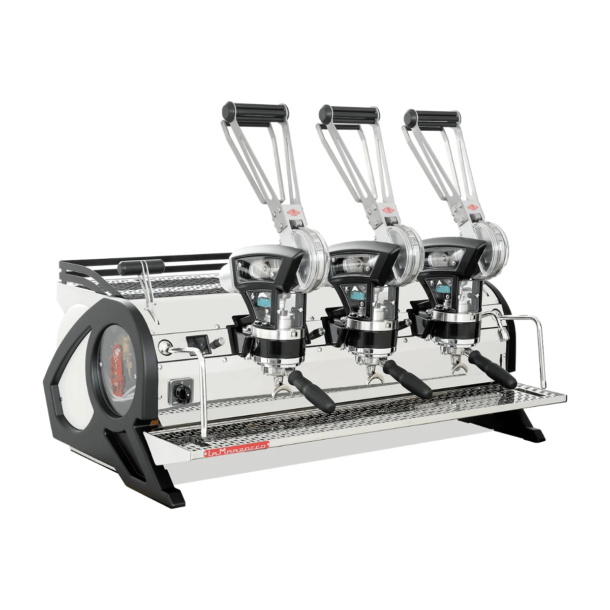 La Marzocco Leva X, 3 groups, stainless steel with black frame, front three-quarter view