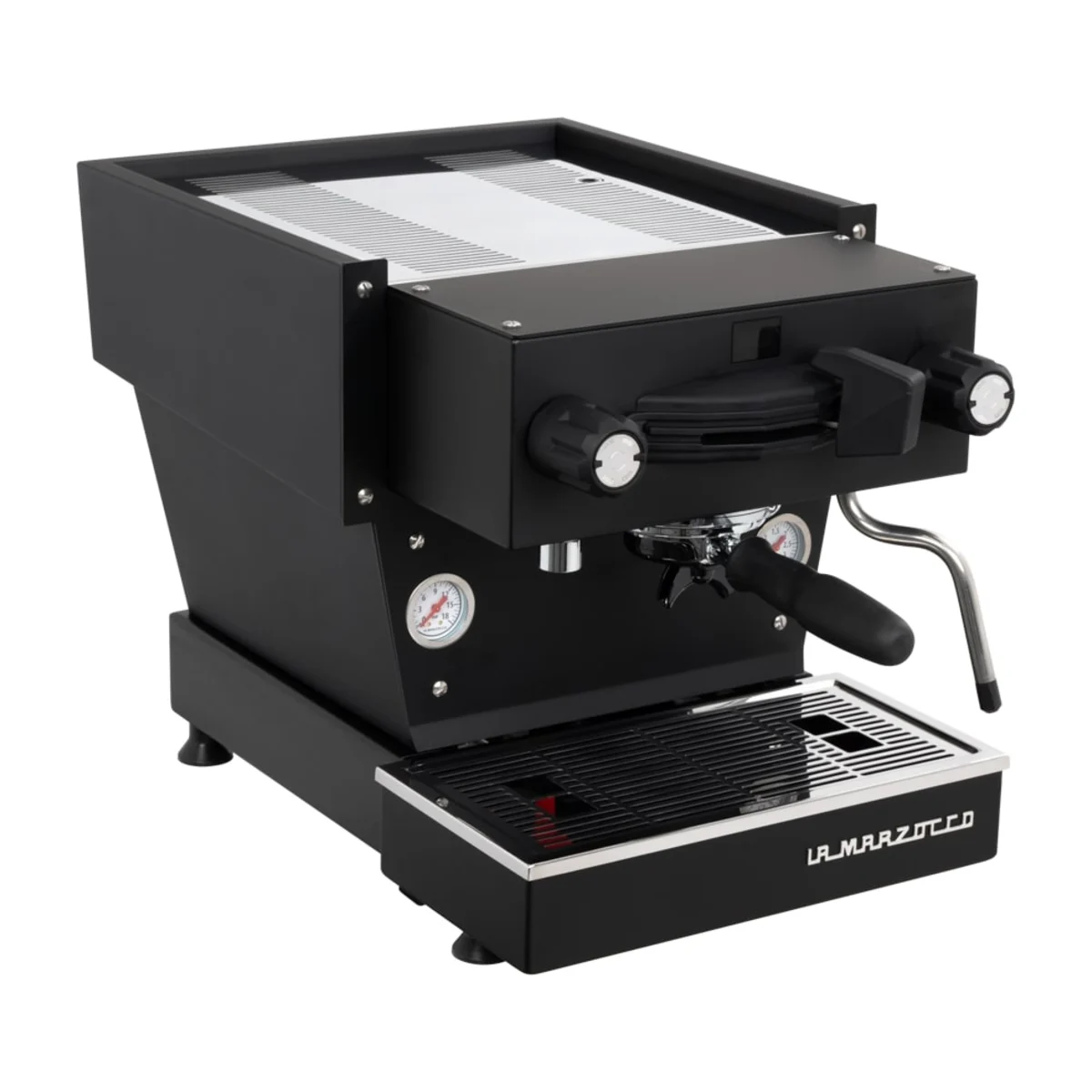 La Marzocco Linea Mini R, matte black, front three-quarter view