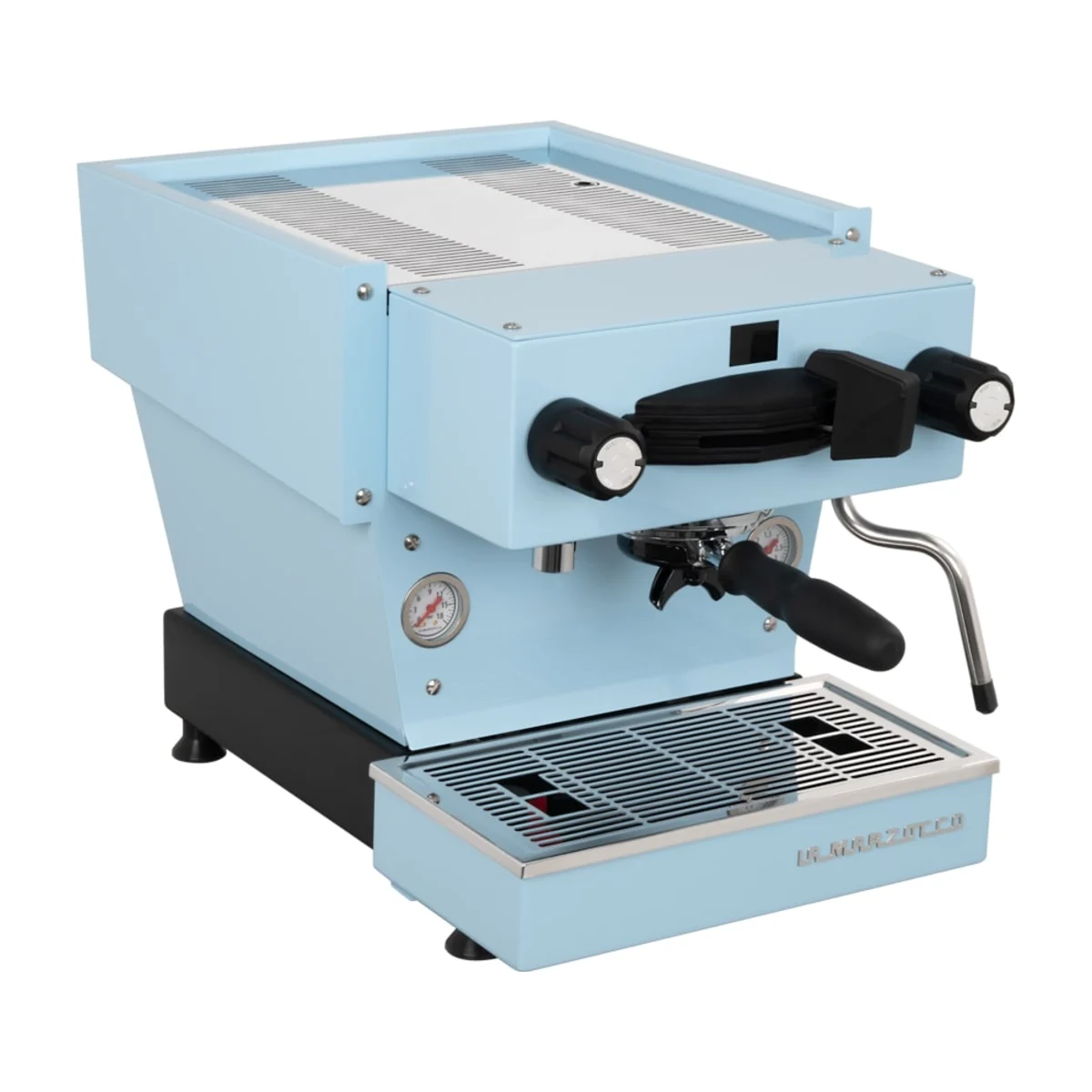 La Marzocco Linea Mini R, light blue, front three-quarter view