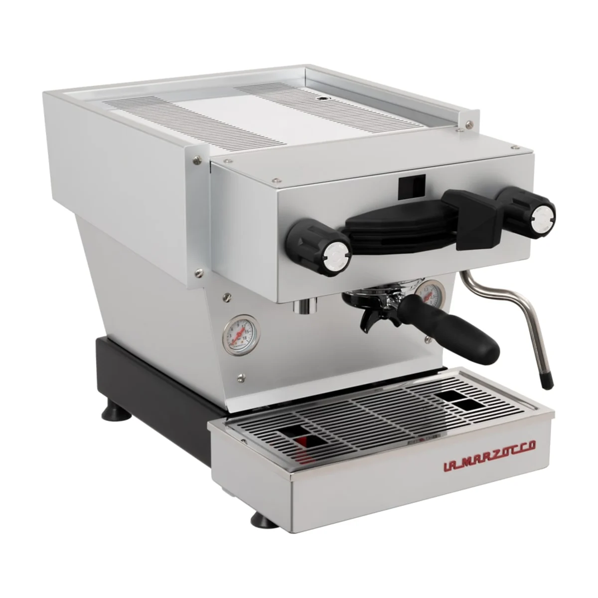 La Marzocco Linea Mini R, matte silver, front three-quarter view
