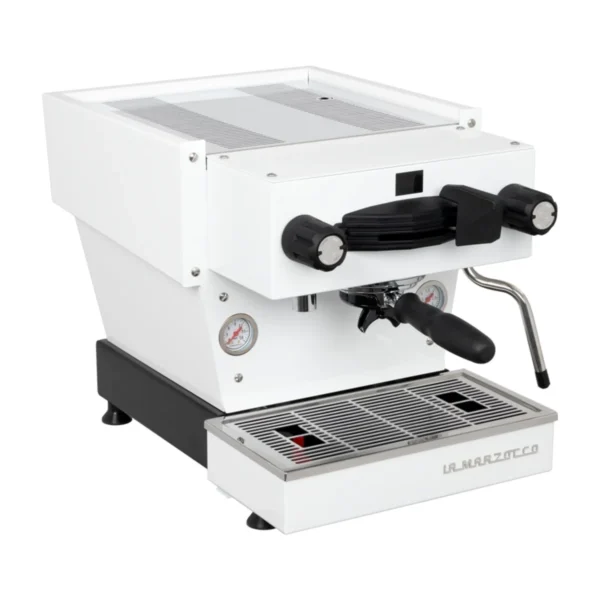 La Marzocco Linea Mini R, gloss white, front three-quarter view