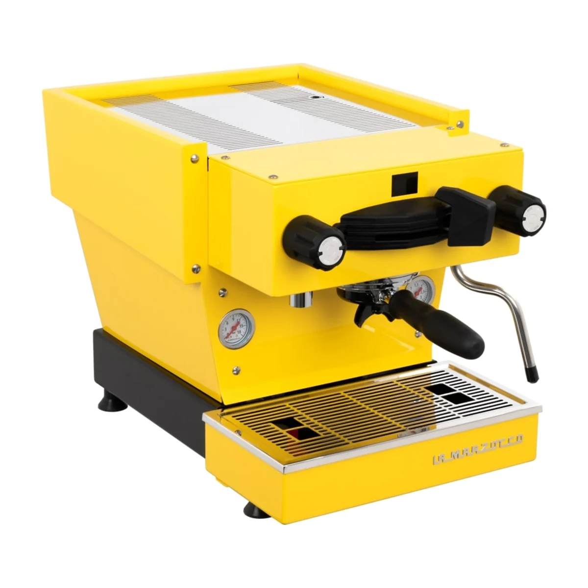 La Marzocco Linea Mini R, yellow, front three-quarter view