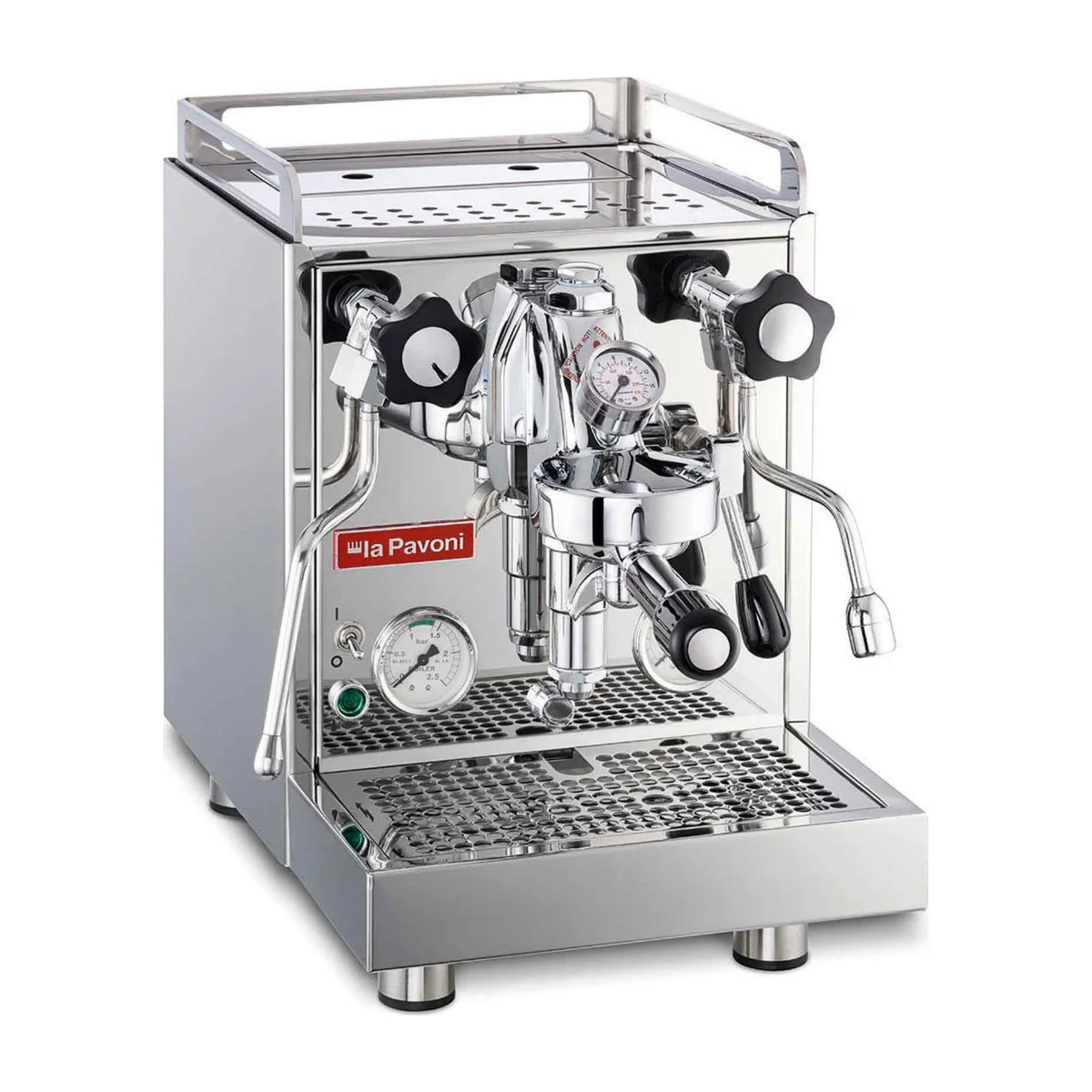 La Pavoni Cellini Evoluzione, stainless steel with cup rail, front three-quarter view