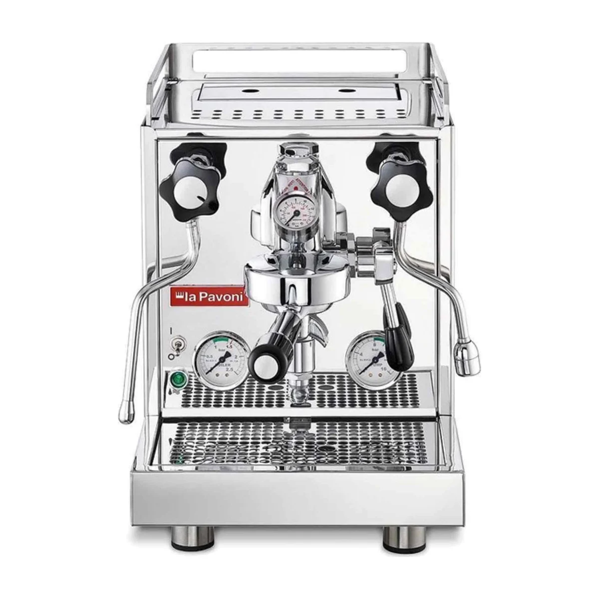 La Pavoni Cellini Evoluzione, front view showing boiler and pump pressure gauges