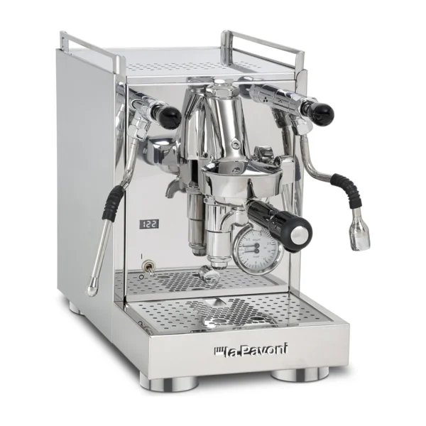 La Pavoni Cellini Mini X, silver stainless steel with black knobs, front three-quarter view