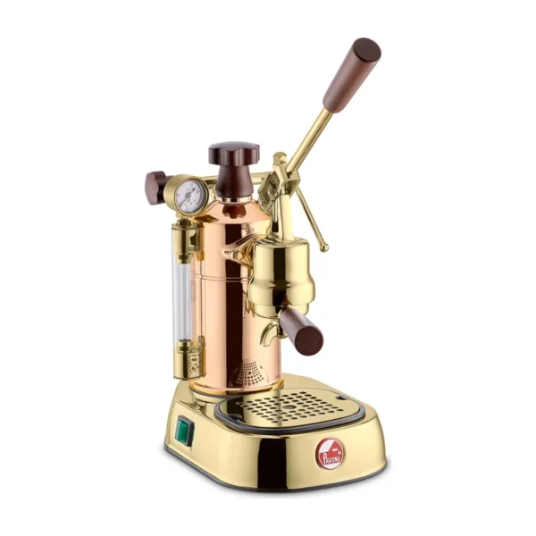 La Pavoni Professional Leva Rame, copper and brass with wooden handles, front three-quarter view