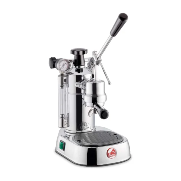 La Pavoni Professional Lusso, chrome with standard black handles, front three-quarter view