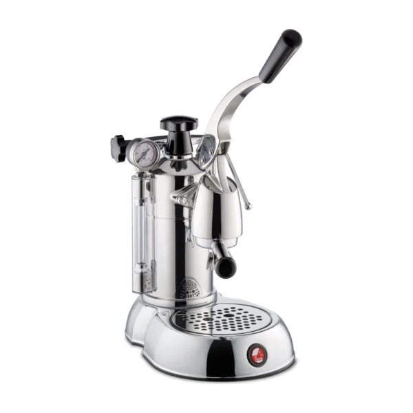 La Pavoni Stradivari SPH, chrome with black handles, front three-quarter view
