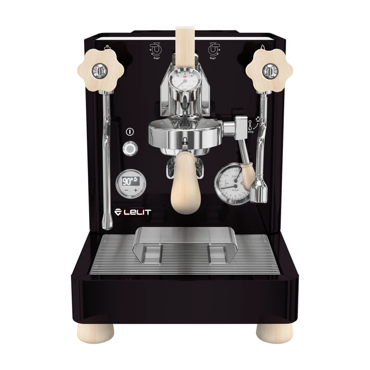 Lelit Bianca V3, black with maple handles, front view