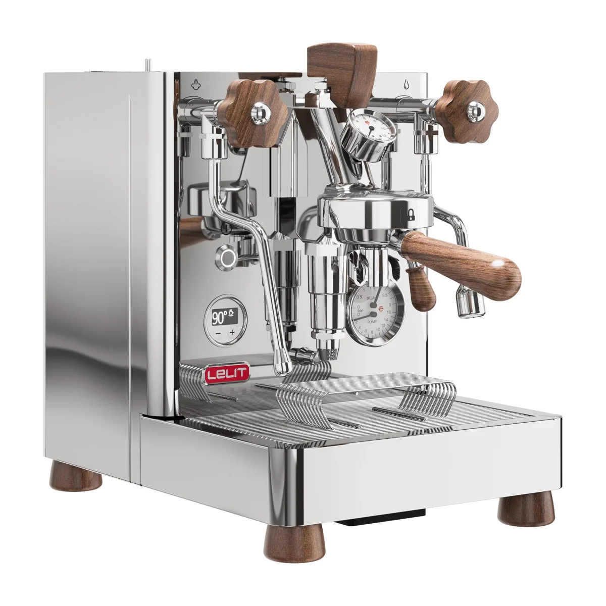 Lelit Bianca V3, stainless steel with walnut handles, front three-quarter view