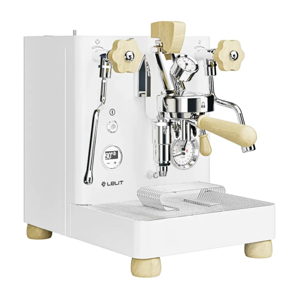 Lelit Bianca V3, white with maple handles, front three-quarter view