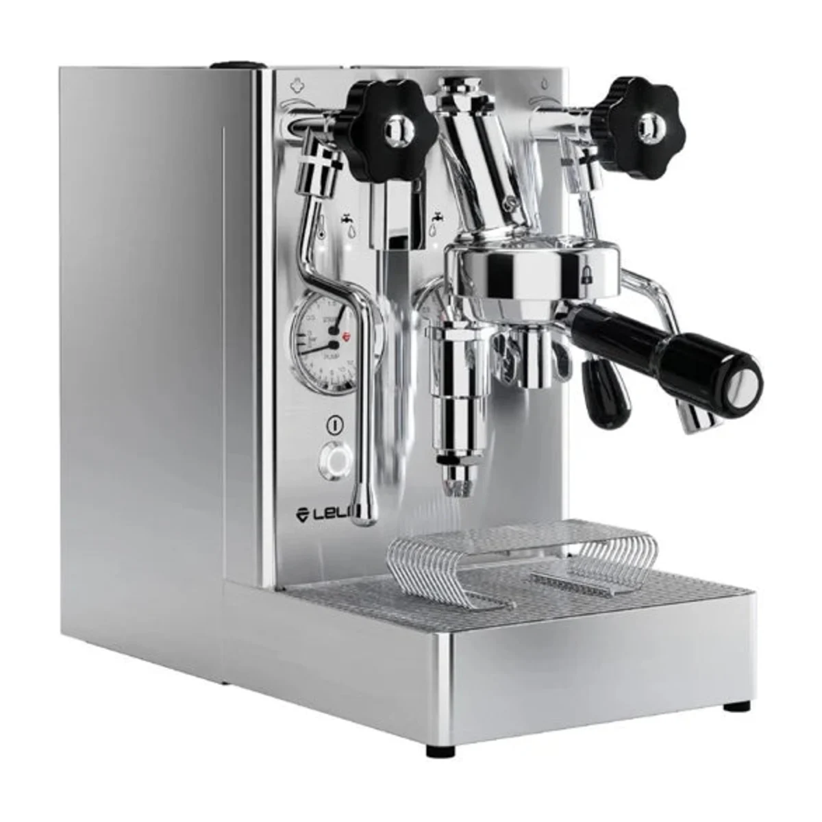 Lelit Mara X in stainless steel with black knobs, three-quarter view