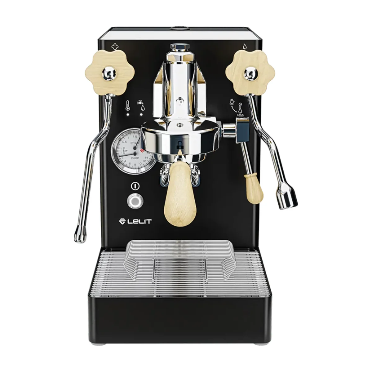 Lelit Mara X in black with light timber knobs and handles, front view