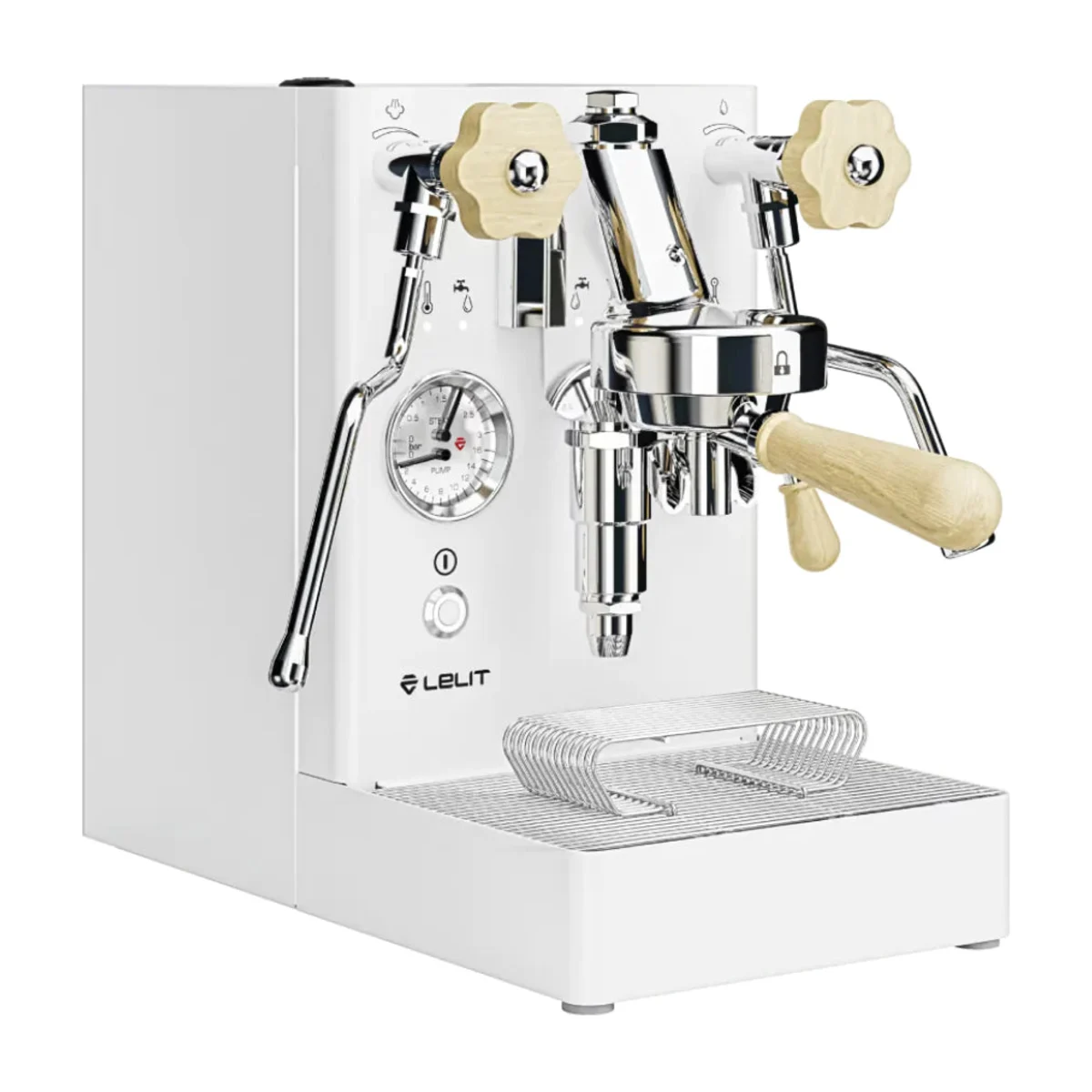 Lelit Mara X in white with light timber knobs and handle