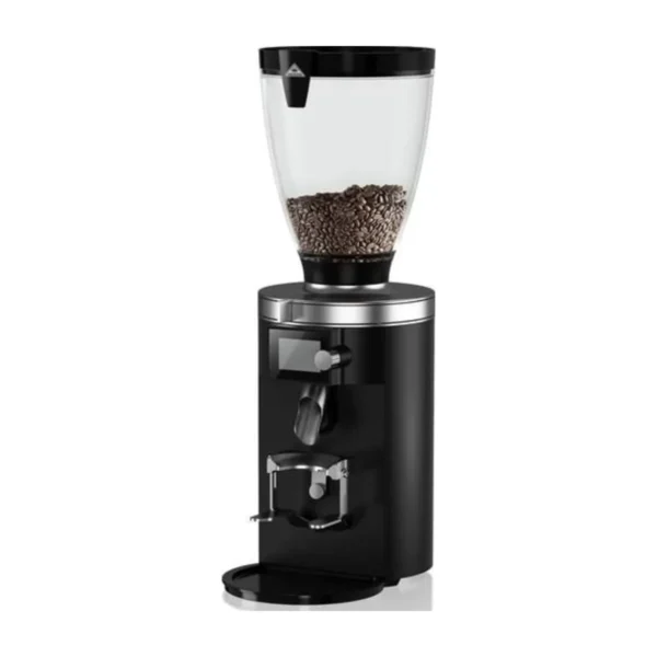 Black Mahlkönig E65S grinder with clear hopper of beans and portafilter holder
