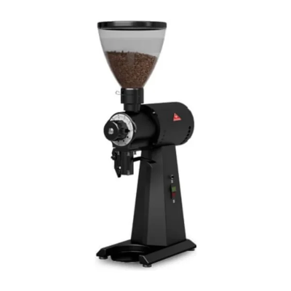 Black Mahlkönig EK43 with tall hopper of beans, grind dial and bag holder